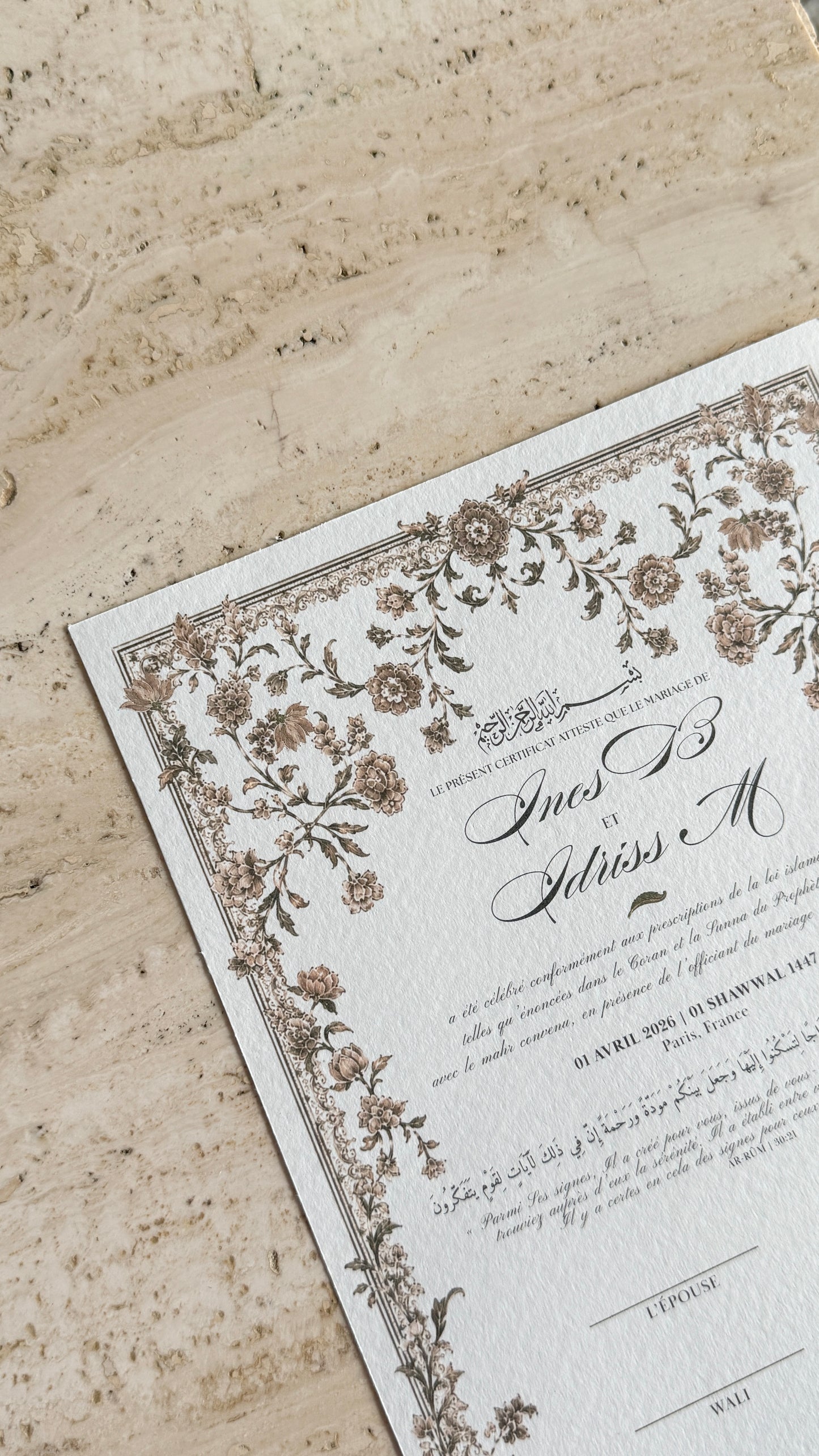 Certificat de mariage personnalisé | Rawda – Version imprimée